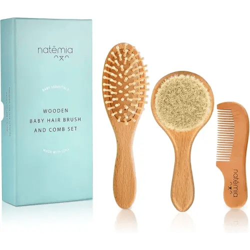 Natemia Baby Hair Brush and Comb Set - Wooden Soft Bristle Brush, Cradle Cap Brush for Newborns and Toddlers