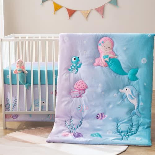 Crib Bedding Set with Plush Toy for Baby Boys Girls, Oeko-Tex | 4 Piece Nursery Bedding, Fitted Sheet, Quilt, Crib Skirt, Stuffed Unicorn, Gender Neutral, Cartoon Animal Style, Shower Gift