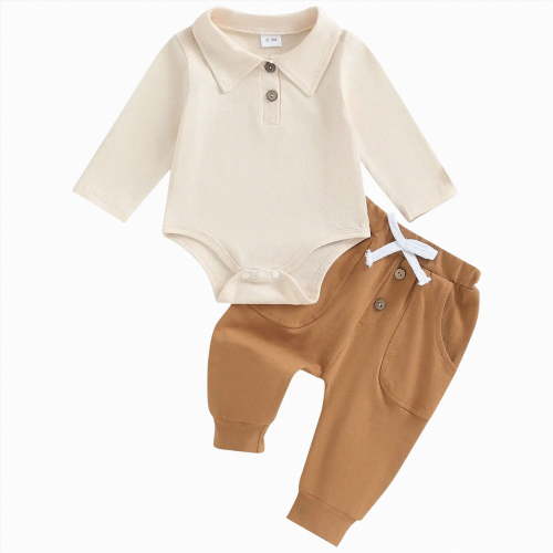 TOWED22 Newborn Baby Boy Clothes Solid Color Long Sleeve Button Up Collared Romper Long Pants Set Fall Winter Outfits,Beige,3-6 M
