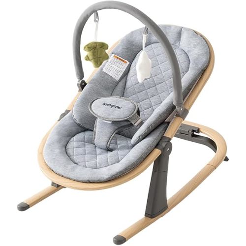 Swegrow 2-in-1 Baby Bouncer, Portable Newborn Bouncer Seat with 3 Adjustable Heights, Rocker and Stationary Options, Infant Rocker Chair with Hanging Toys (Gray)