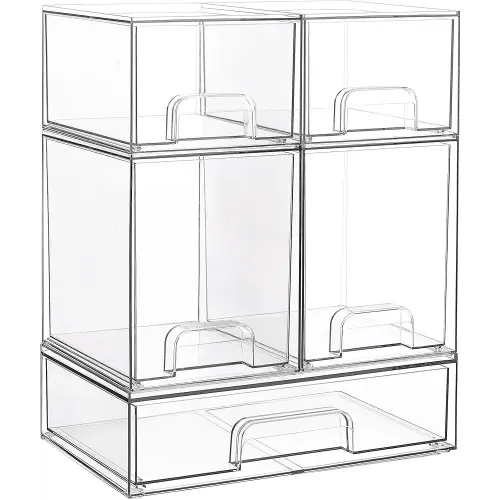 Vtopmart Stackable Storage Drawers Set of 5, Clear Plastic Organizer Bins for Baby Bottle, Beauty Supplies Storage, Ideal for Kichen Countertop, Vanity, Bathroom, Cabinet, Pantry Organization