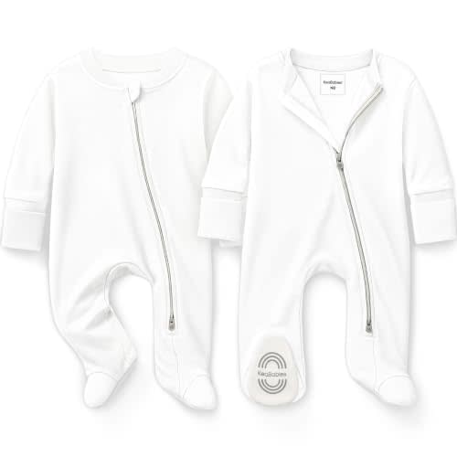 2-Pack Baby Pajamas Footie – Baby Sleepers 0-3 Months, Organic Cotton Footed Newborn Pajamas with Mitten Cuffs, Double Zipper Jammies, Soft, Breathable, Unisex Sleep and Play PJS (Soft White, Newborn)