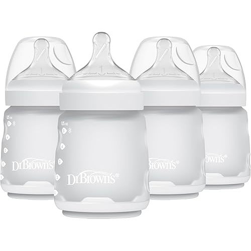 Dr. Brown's Silicone Baby Bottle with Collapsible Insert Designed to Reduce Colic, 5 oz with Wide-Neck Level 1 Slow Flow Nipple, 0m+, White/Ecru, 4-Pack