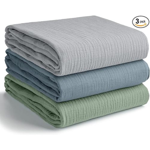 Comfy Cubs Muslin Swaddle Blankets Pack of 3, 107 x 107 cm, Soft 100% Cotton Baby Blanket Set, Large Swaddling Wraps for Newborns - Self-Soothing Baby Swaddle - Heather Blue, Pacific Blue, Fern