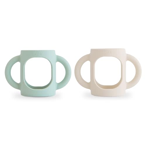 mushie Silicone Baby Bottle Handles 2-Pack | Fits 4 oz & 8 oz Narrow, Standard, Wide Neck Bottles Compatible with Dr. Brown’s, Philips Avent & More – 3 Months+ (Cambridge Blue/Shifting Sand)