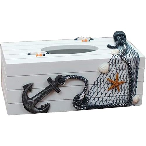 jojofuny Mediterranean Style Wooden Tissue Paper Holder Box Holder Shell Vintage Rectangular Tissue Box Holder Napkin Holder Organizer Ocean Theme Nautical Decor As Shown