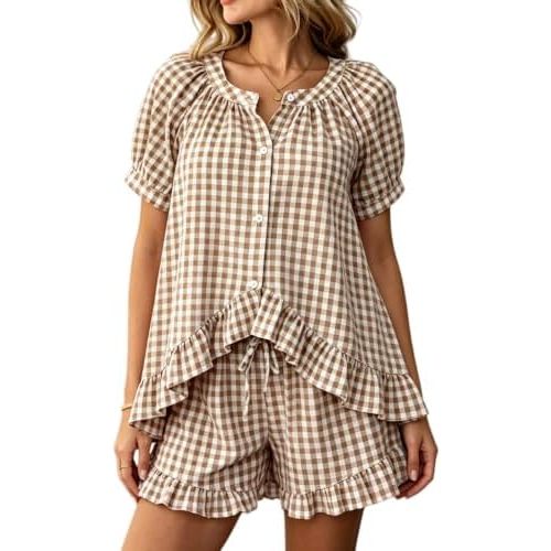 WOWULOVELY Womens Gingham Pajama Set 2 Piece Cotton Short Pj Lounge Set Puff Sleeve Ruffle Babydoll Shirt Outfits Sleepwear