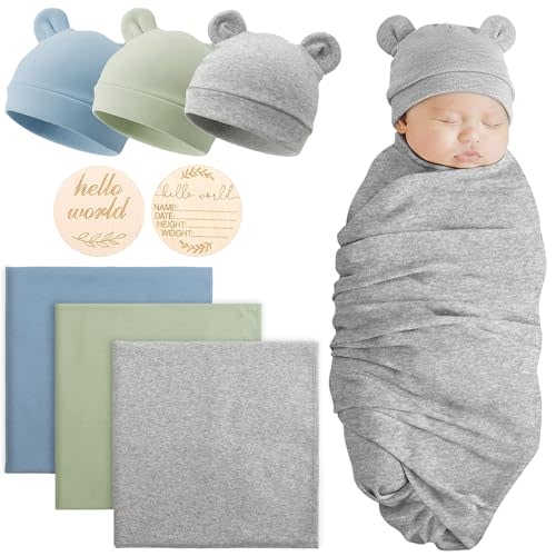 DRESHOW BQUBO Cotton Baby Swaddle Hat Set Newborn Infant Receiving Blankets with Bear Ears Hat Wooden Birth Announcement Card Newborn Unisex Swaddle Wrap Sets Warm Shower Gift