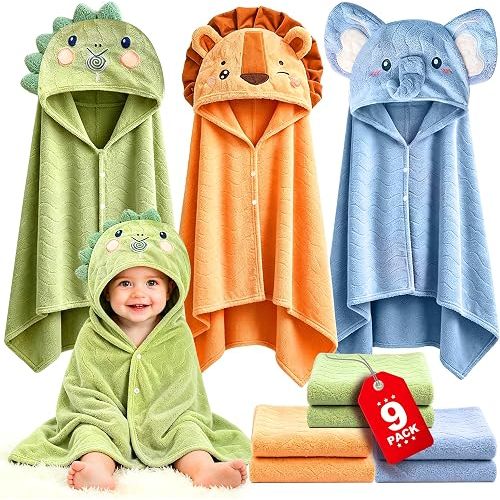 Toddler Hooded Bath Towels 9PCS | 55" x 27.5" Absorbent Hooded Baby Towels for Newborn Toddler Kid,Ultra Soft Gift for Boy Girl 0-6 Year,Dinosaur&Elephant&Lion