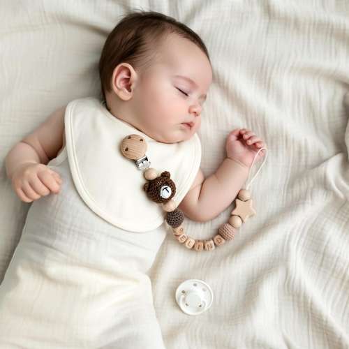 Personalized Pacifier Clip with Crochet Animal – Custom Name Wooden Soother Holder for Newborn Baby