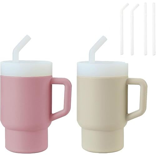 PandaEar 2 Pack Kids Tumbler Silicone Toddler Cup with Straw and Handle, 9.5oz Spill-Proof Training Cup for Baby, BPA-Free, Easy to Clean -Grey/Pink