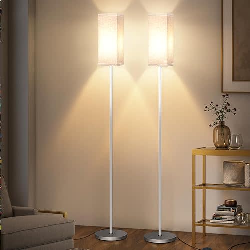 2Pack Floor Lamp, Pole with Foot Switch, Modern Standing Lamp Lamp, Minimalist Freestanding Lamp (Bulb Not Included), for Living Room, Bedroom Office ETL Listed, Silver and Beige SE07LDP205