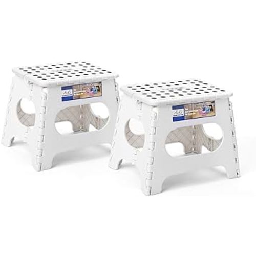 ACKO 11 inch Folding Step Stool Lightweight Plastic Step Stool - 2 Pack - Foldable Step Stool for Adults,Non Slip Folding Stools for Kitchen Bathroom Bedroom (White, 2 Pack)