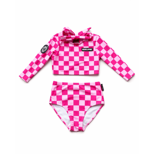 UPF50+ Cropped Two Piece Swimsuit in Bubble Gum Checkered