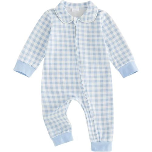 Seyurigaoka Newborn Baby Boy Peter Pan Collar, Footed, Footless, Gingham Striped, Multi Color, Newborn Infant Toddler Fall Winter Clothes