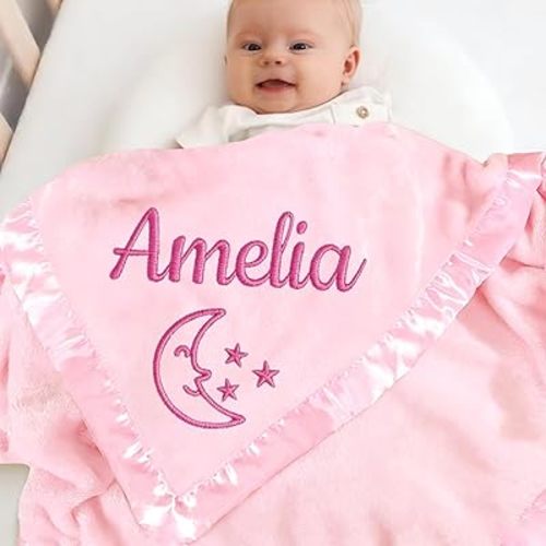 Personalized Baby Blanket with Embroidered Name,Custom Baby Receiving Blankets Soft Fleece Toddler Blanket for Newborn Baby Girl Shower Gifts -36" x 36"