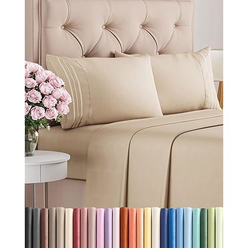 Cal King Size 4 Piece Sheet Set - Comfy Breathable & Cooling Sheets - Hotel Luxury Bed Sheets for Women & Men - Deep Pockets, Easy-Fit, Extra Soft & Wrinkle Free Sheets - Cream Oeko-Tex Bed Sheet Set