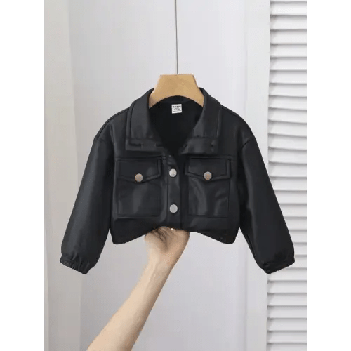 SHEIN Fashionable Outdoor Baby Girls Solid Color Faux PU Leather Large Pocket Long Sleeve Lapel Jacket, Versatile For Autumn & Winter | SHEIN USA