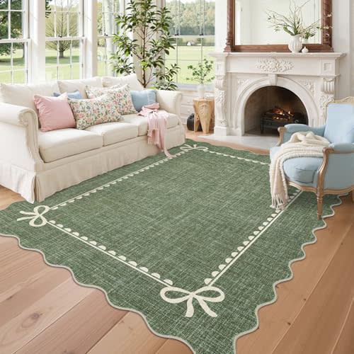 GarveeHome Scalloped Bow Rug for Living Room, Solid Green Rug for Dorm, Washable Rugs 9x12 Soft Low Pile Non Slip Scalloped Rugs for Nursery College Bedroom Decor Kids Room Playroom