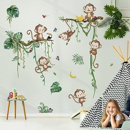 decalmile Jungle Monkey Climbing Tree Wall Decals Jungle Animals Vine Leaves Wall Stickers Baby Nursery Kids Room Living Room Wall Decor