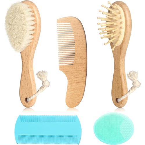 Goat Baby Hair Brush Set, Wooden Comb Massage Scalp Comb, Safe Natural Hair Care Kit, Soft Silicone Bath Brush for Newborns Toddlers (Brush Set+ Green Massager)