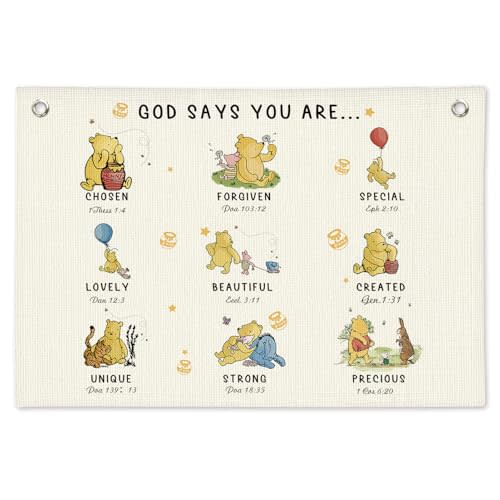 Winnie Decorations, God Says You Are, Bible Text Room Decor, Linen Canvas Banner Wall Hanging Flag Decor for Christian Education Nursery Decoration Boy and Girl Rooms 28.3x19.6