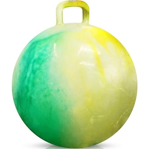 Bedwina Hopper Ball with Handle for Kids 18-inch (45cm) Bouncy Balls for Kids, Jumping Kangaroo Hippity Hop, Hopping Sit and Spin with Handle with Hand Pump, Marble Green & Yellow