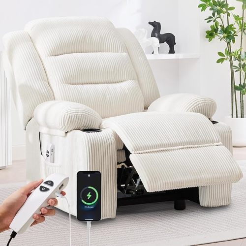 Power Recliner Chair, Electric Recliner Chair for Adults, Adjustable Reclining Chair with Cup Holder, Charging Ports for Living Room, Home Theater Seating Lounge (1, Stripe White)