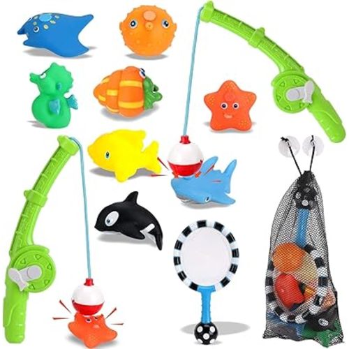 Magnetic Toddler Bath Toys - Kids Fishing Pool Game Set of 2 Fishing Poles, 8 Rubber Sea Animals, & Net - Water Toys with Mesh Organizer Bag