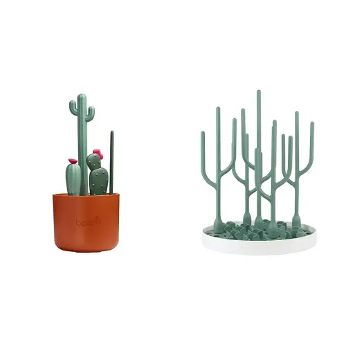 Boon Desert Countertop Baby Bottle Drying Rack & Cacti Cleaning Brush Set - Includes Bottle, Nipple, Detail, and Straw Brushes