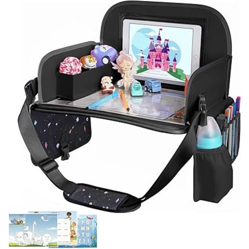 MENZOKE Kids Travel Tray, Road Trip Activities for Kids with Dry Erase Board & Cooler Cup Holder, Toddler Car Activities with No-Drop iPad Holder Stand, Roadtrip Essentials for Toddlers, Black