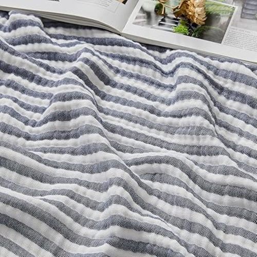 EMME Cotton Muslin Large Throw Blanket Couch 4-Layer Breathable Gauze Soft Lightweight Bed Blankets Adults (Striped Navy, 50"x71")