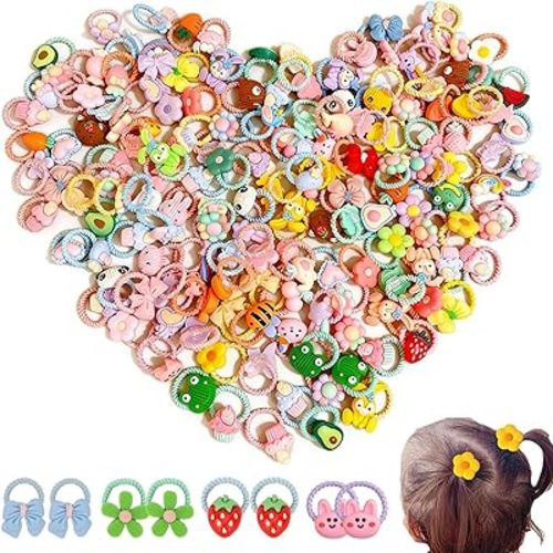 BlueZOO 100Pcs Soft Resin Small Cute Hair Ties for Baby Kids Teens, Safe & No Damage Elastic Hairbands Ponytail Holders for Little Girls Fine Hair, Flower Animal Fruit Bows Tiny Hair Scrunchies,Random