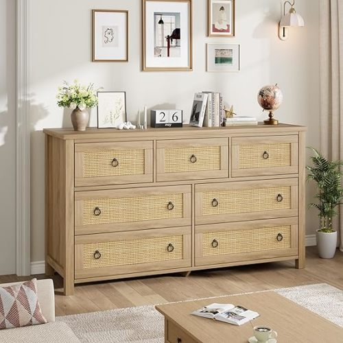 GarveeHome 7 Drawer Dresser for Bedroom, 54 in Wide Rattan Dresser, Chest of Drawers, Wooden Chest with Clothes Storage Cabinet, Drawer Organizer for Bedroom, Living Room, Hallway, Natural Oak