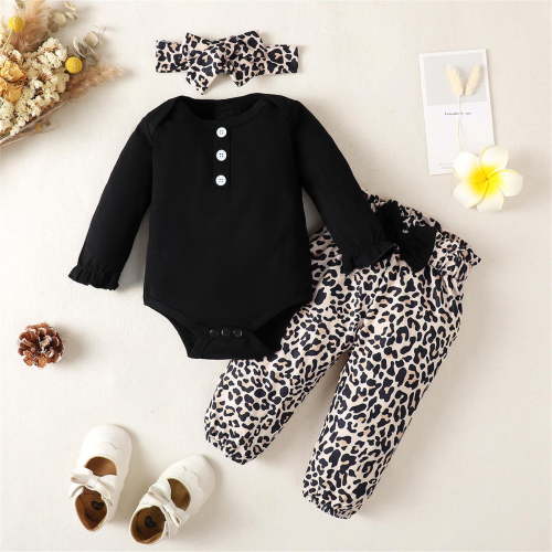 HAOTAGS Newborn Baby Girl Clothes, 100% Cotton 3pcs Baby Long Sleeve Floral Outfit Set,0-24 Month Black