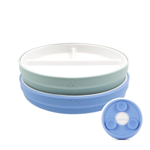 Elk and Friends Kids 6.7” Porcelain Divided Plates with Silicone Suction Sleeves | Suitable for Babies/Kids/Toddlers | Microwave & Dishwasher Safe | Non Slip | Snack Dishes | 2 Pack