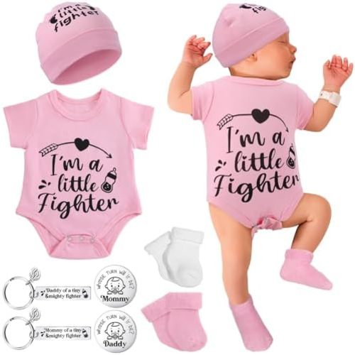 Toulite NICU Preemie Baby Gift Set I'm Little Fighter Preemie Baby Hat and Bodysuit Cotton Socks with Keychain Coin