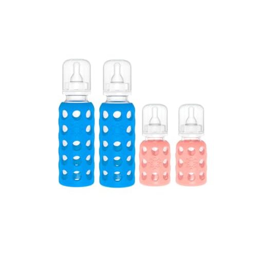 Lifefactory Glass Baby Bottle BPA Free | Protective Silicone Sleeve | 4 oz/9 oz Pack of 4 | Cobalt Blue, Cantaloupe