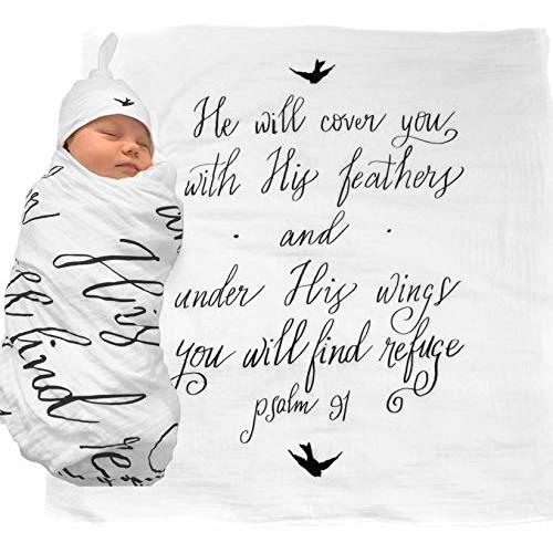 Under His Wings Muslin Swaddle & Bonus Baby Hat with Scripture Quote (Psalm 91) - 100% Organic Unbleached Cotton - Swaddle/Blanket is a Unique Shower & Baptism Gift -