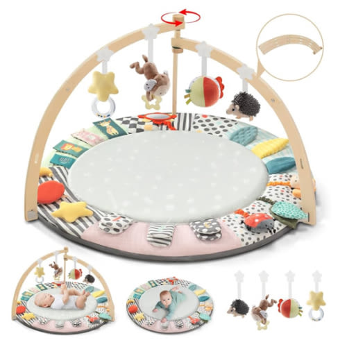 Baby Play Mat Activity Gym,6 Developmental Zones Tummy Time Mat, Foldable Wooden Baby Play Gym with 7 Detachable Sensory Toys for Newborn Brain Development, Essential Baby Shower Set