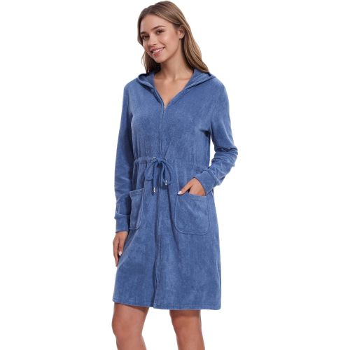 Women Terry Cloth Zipper Robe Zip Up Bathrobes with Pockets Hooded Cotton Housecoat Nightgown Loungewear Sleepwear