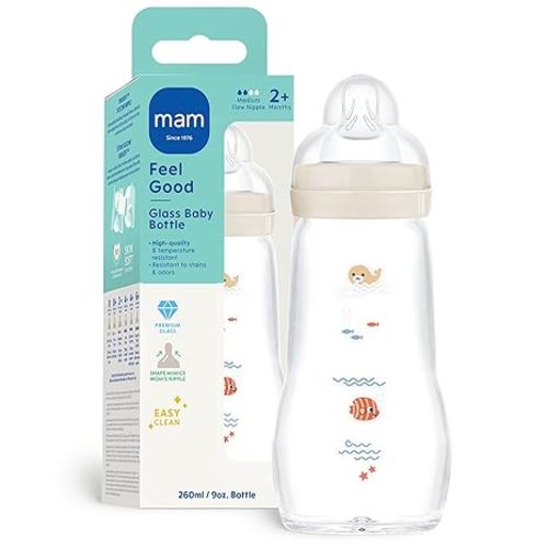 MAM 9oz Premium Glass Baby Bottle, 2+ Months, Easy Switch Between Breast and Bottle, 1 Pack