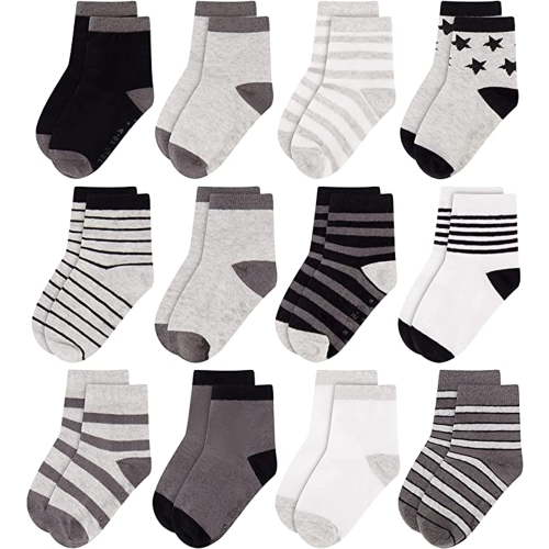 Rising Star Unisex Toddler Socks, Baby Boy Socks, 12 Pack with Grippers - Soft & Breathable Crew Kids Socks, Gray & Black