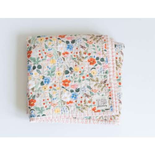 Modern heirloom baby quilt, baby shower gift for girl, Rifle Paper Co wholecloth quilt, pink strawberry fields and gingham crib blanket