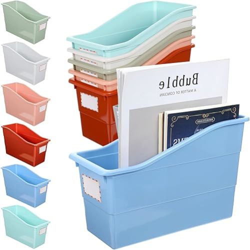 6-Pack Plastic Book Bins with Labels – Colorful Learning Places & Home Organizers for Books, Magazines, Files (10” x 4” x 7.5”, PVC, 6 Assorted Colors)