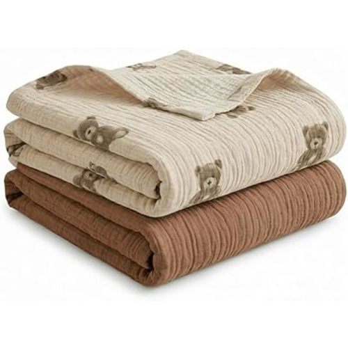 Muslin Swaddle Blankets for Boys Girls, 2 Pack Receiving Baby Blanket Large 47 x 40 inches, Soft Breathable Swaddling Wrap for Unisex Newborn (Bear, Brown)