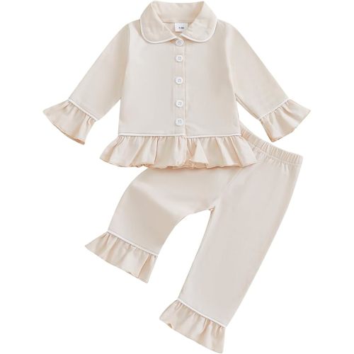 fhutpw Toddler Kids Baby Girl Pajamas Set Solid Color Ruffle Long Sleeve Button Shirt Top Pants Cotton Infant 2Pcs Pjs Set