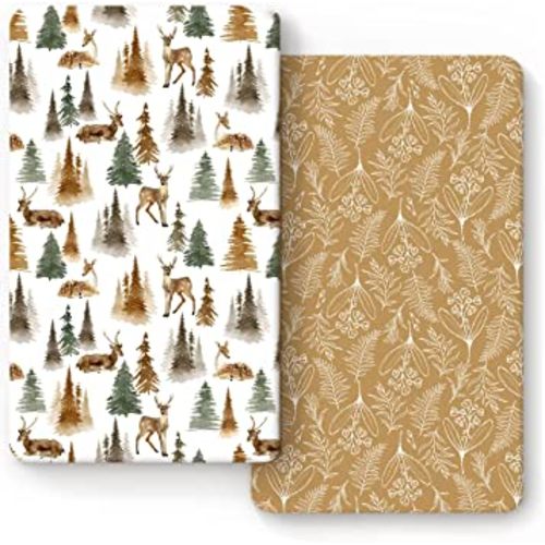 Stretchy Ultra Soft Jersey Knit Fitted Crib Sheets Set 2 Pack, Fits All Standard Crib Mattress Pads Safe and Snug, Stylish Woodland Deer Crib Sheet