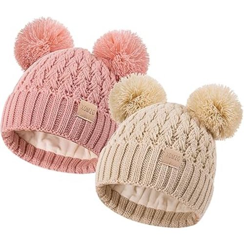 Toddler Winter Beanie Hat, Infant Winter Warm Knit Fleece Lined Cap for Girls Boys with Pom Pom for 0-36 Months 2 Packs