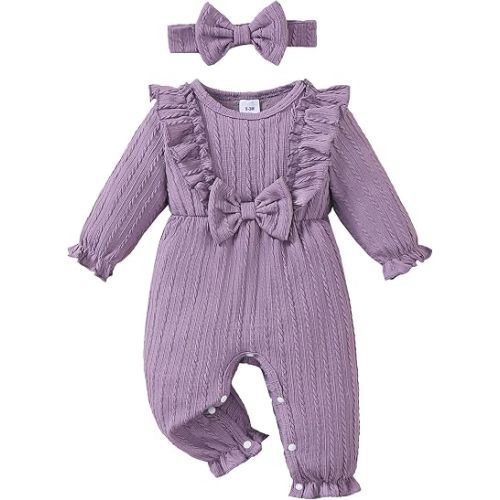 Renotemy Preemie Newborn Baby Girl Clothes Ruffle Long Sleeve Bow Romper Infant Fall Winter Outfits Jumpsuit with Headband